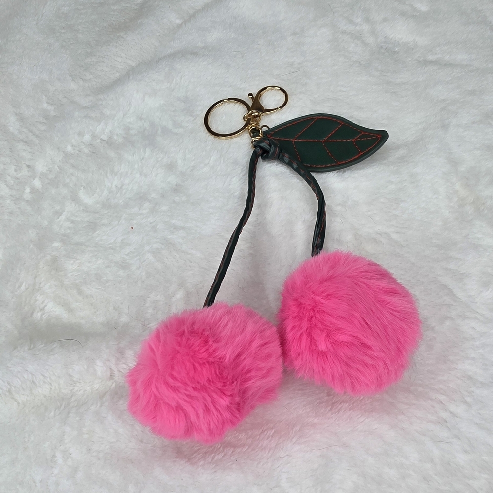 Pink Pom Pom Cherry Bag Purse Backpack Charm Keychain with Leaf